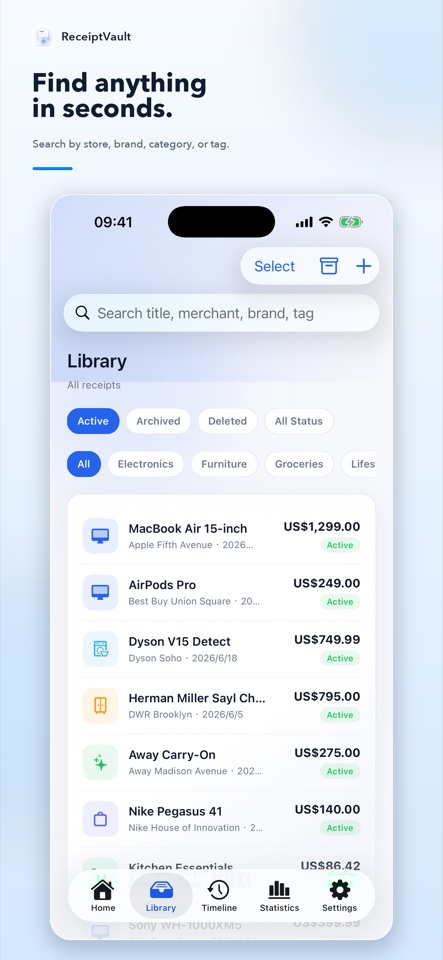 Receipt library with search and filters